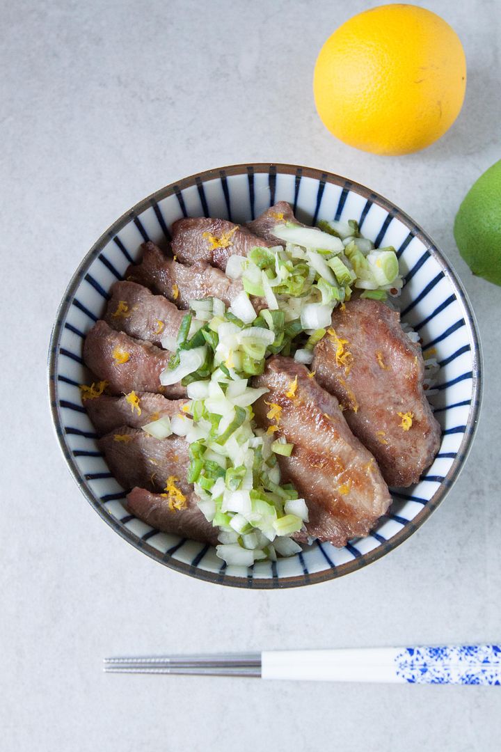 Food Makes Me Happy Beef Tongue Rice Bowl with Lemon Onion Sauce (牛タン丼)